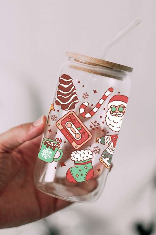 Retro Christmas 16 oz Glass Can