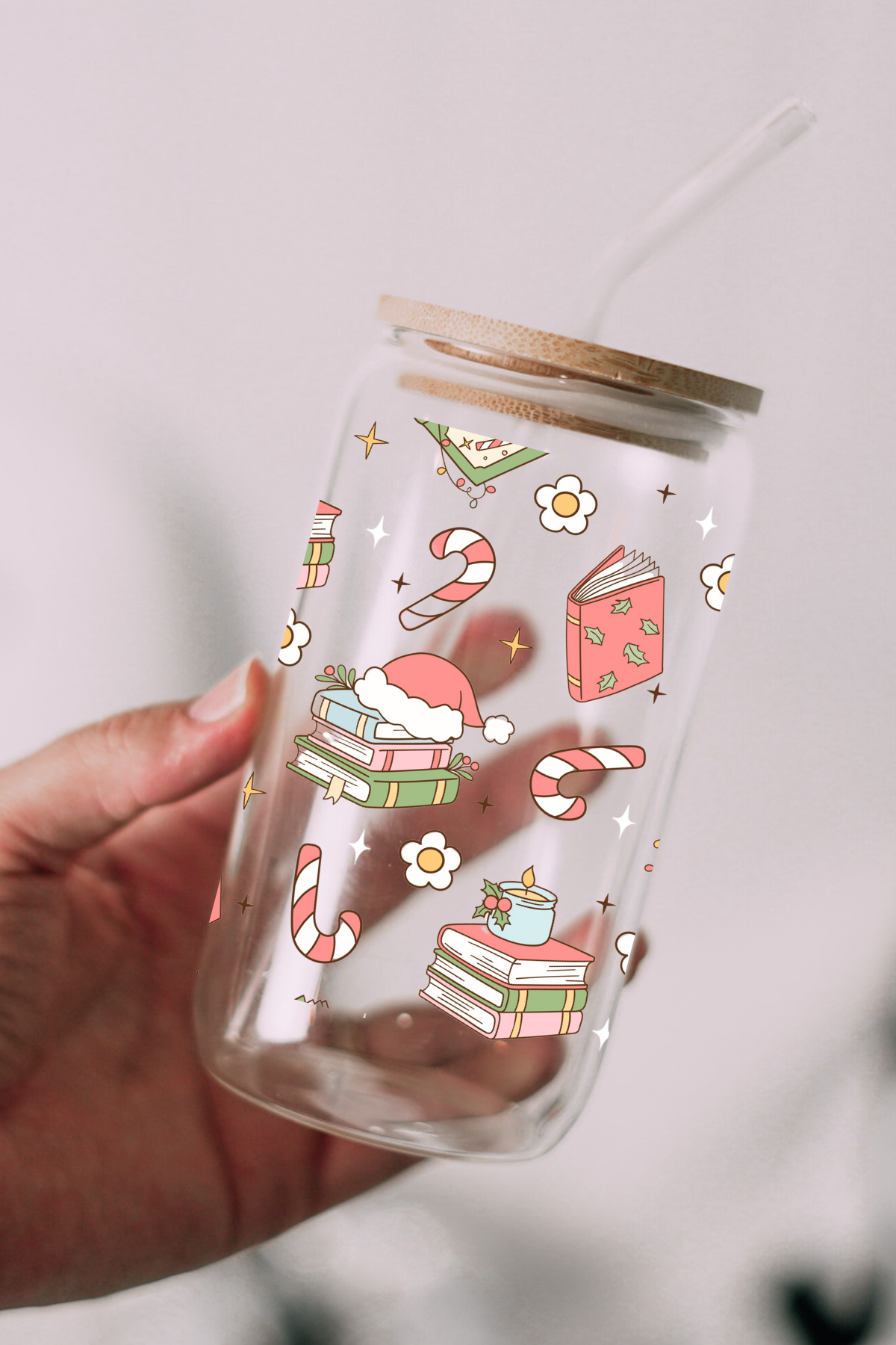 Candy Cane Bookish Christmas 16 oz Glass Can