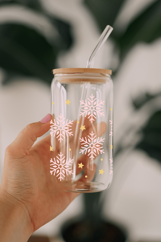 Snowflakes & Stars 16 oz Glass Can