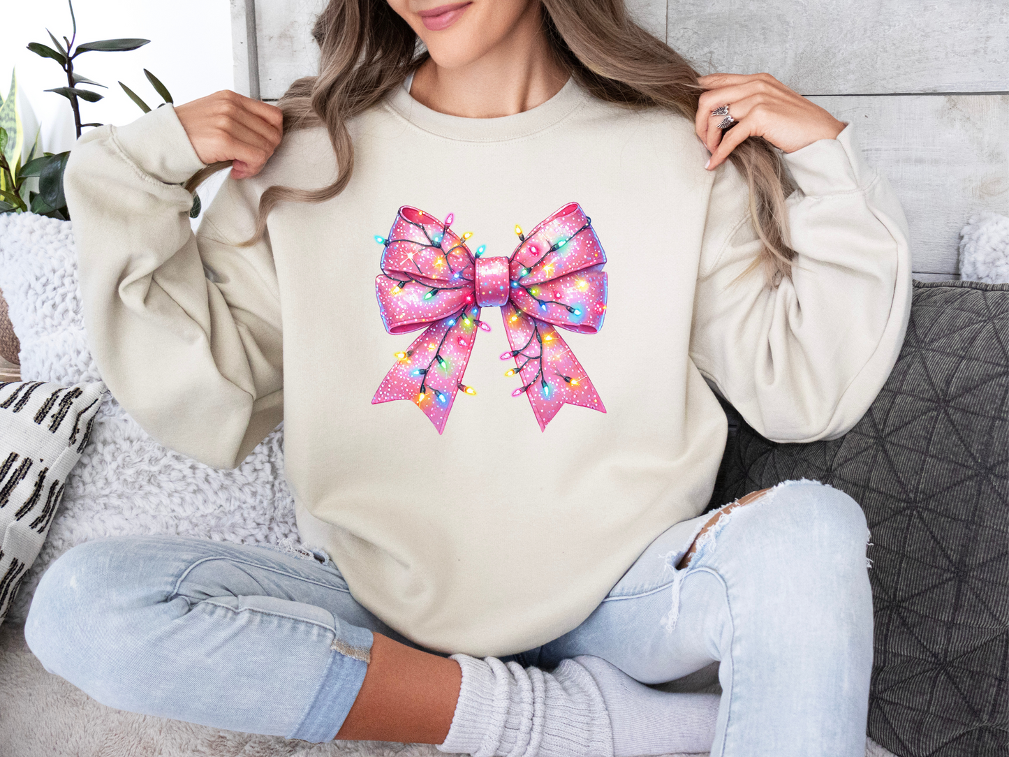 Holiday Lights Bow Crewneck (Natural)