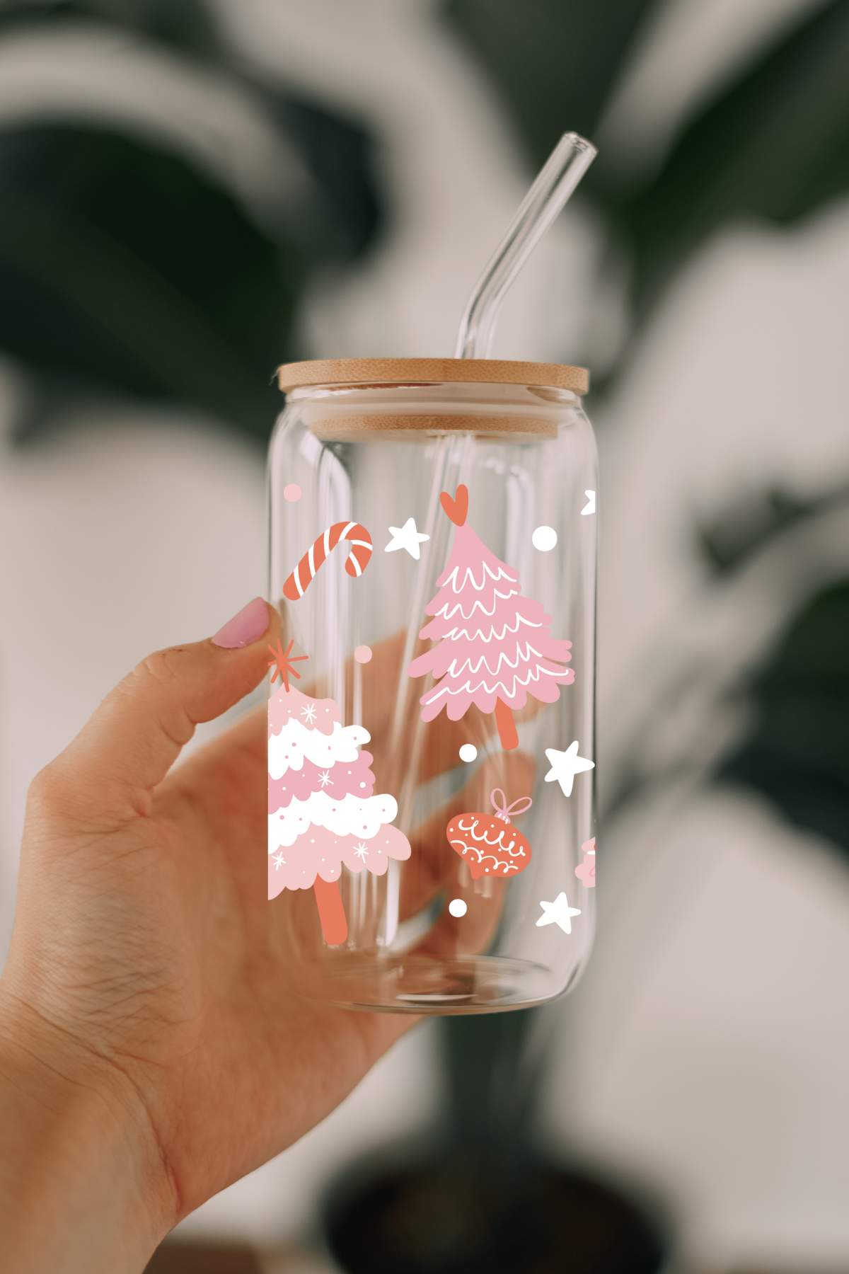 Pink Christmas Trees 16 oz Glass Can